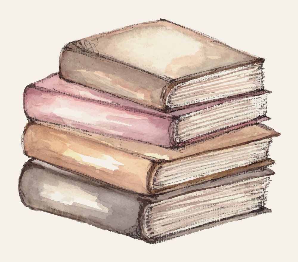 Watercolor illustration of a stack of books